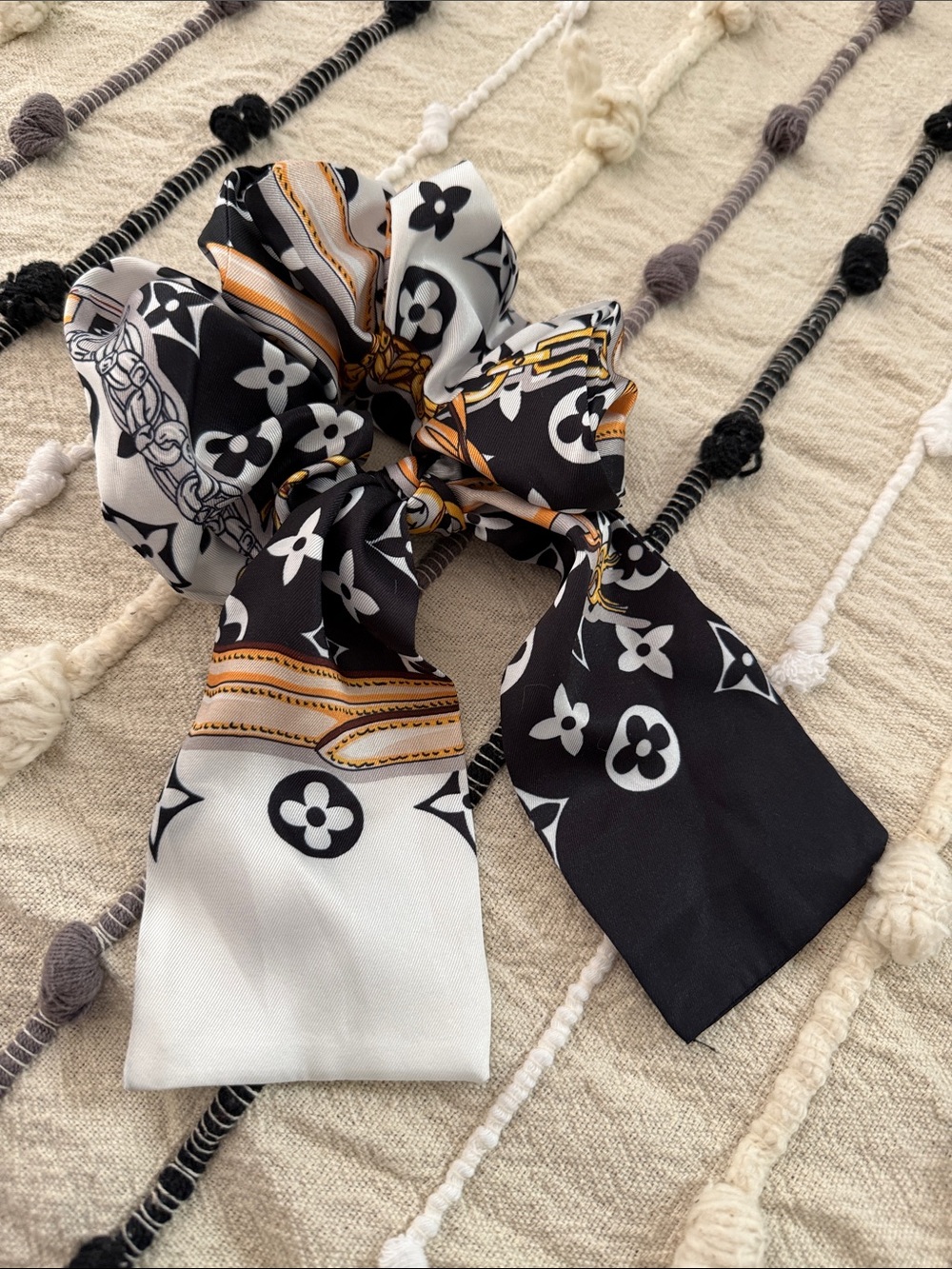 Black & White Floral Pattern Satin Scarf Scrunchie with Gold Accents